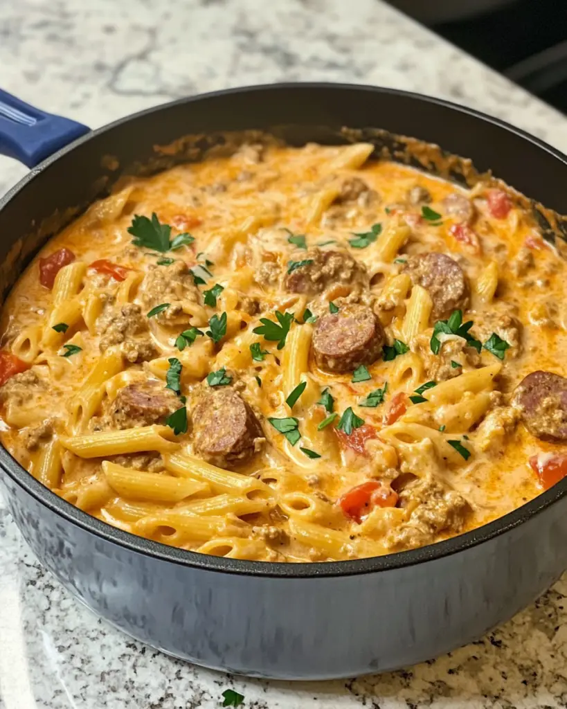 One Pot Creamy Cajun Beef Sausage Pasta
