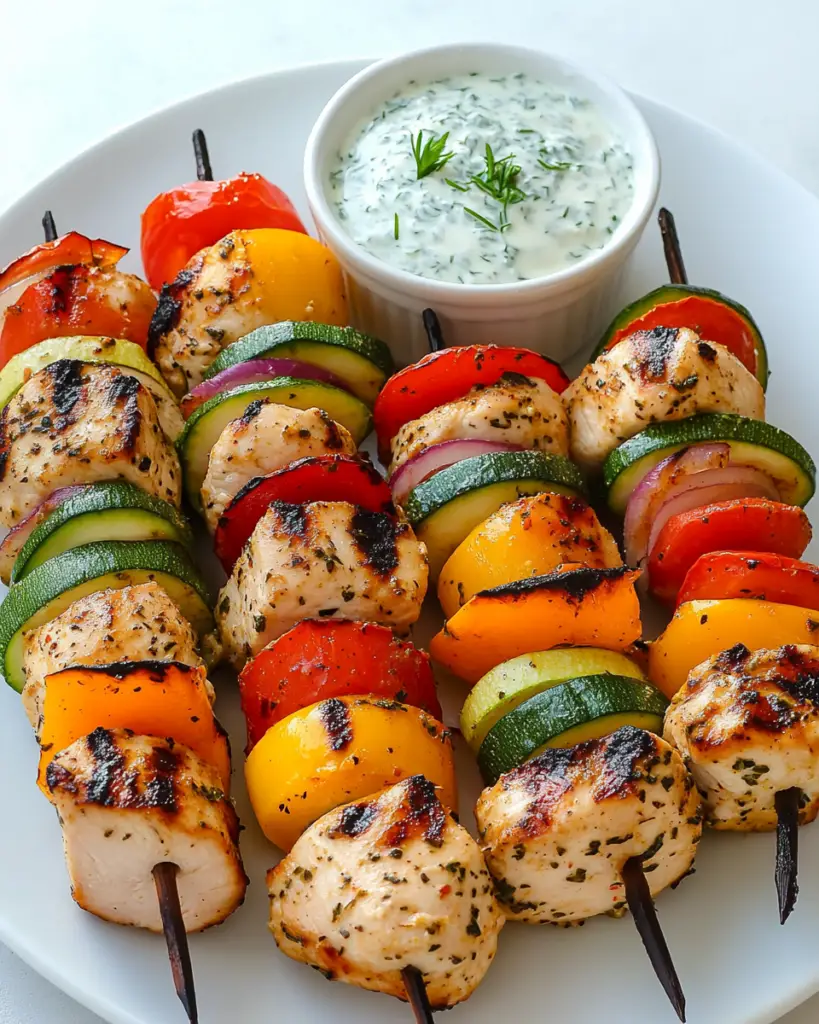 Grilled Chicken and Veggie Skewers with Herb Dip
