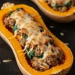 Turkey Sausage-Stuffed Butternut Squash with Spinach