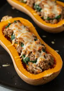 Turkey Sausage-Stuffed Butternut Squash with Spinach
