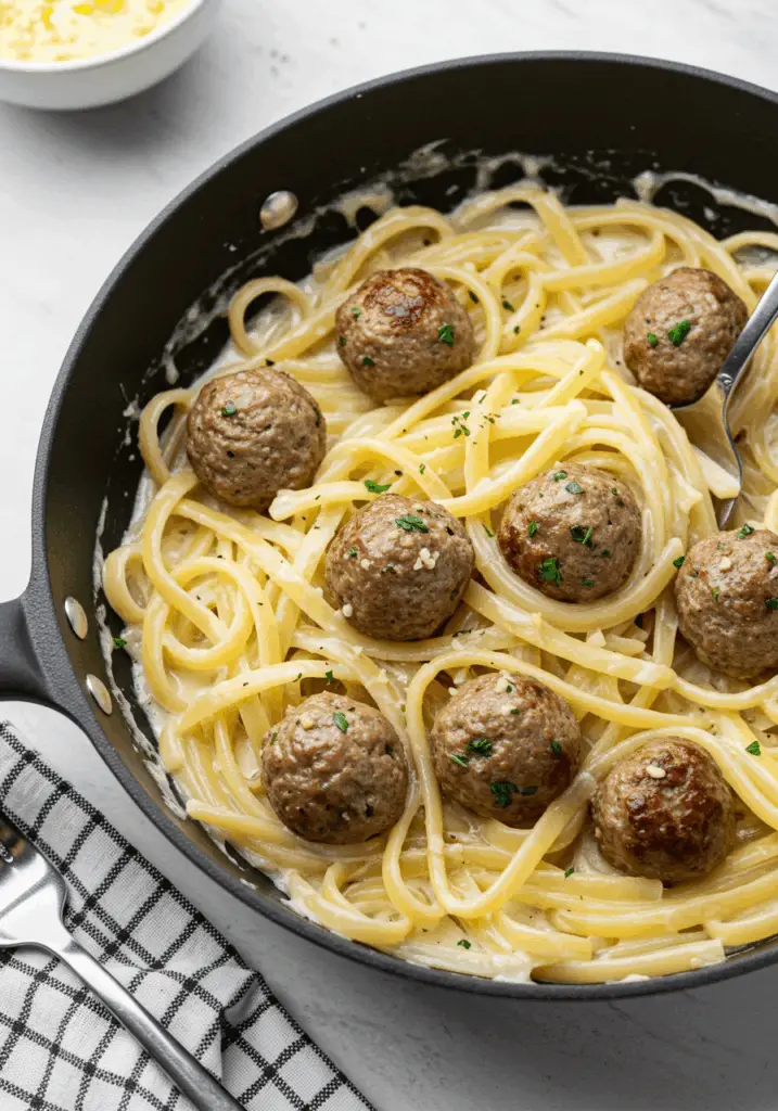 Garlic Butter Meatballs over Creamy Parmesan Linguine