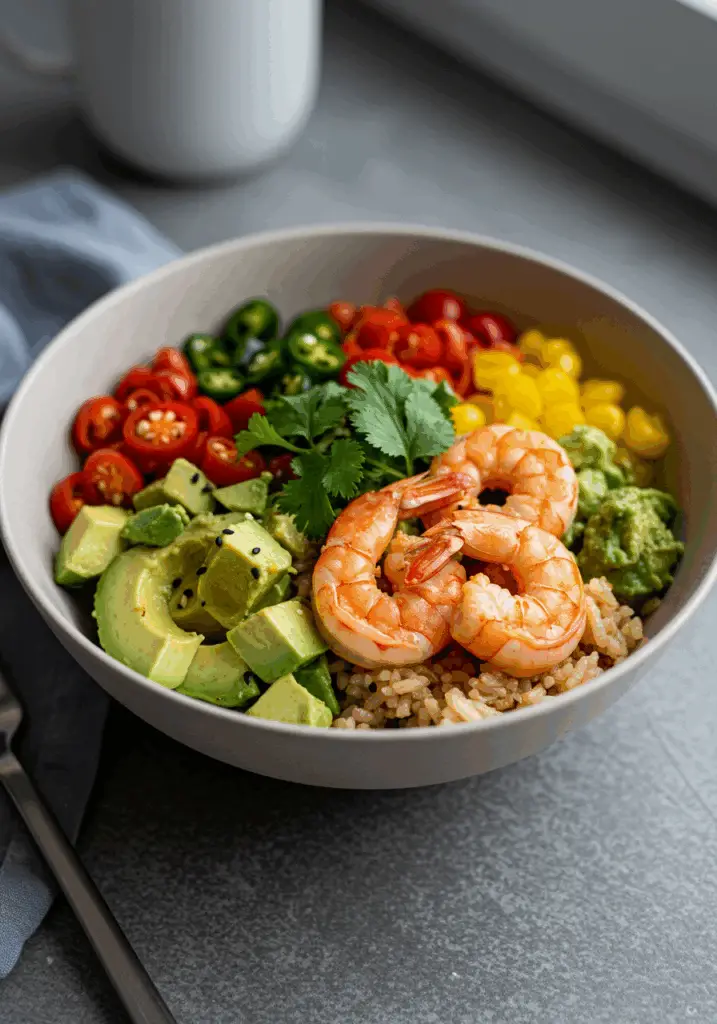 Spicy Shrimp and Avocado Rice Bowl