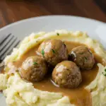 One Pot Mashed Potatoes with Meatballs & Gravy
