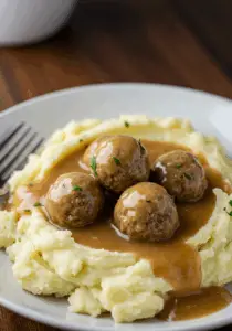 One Pot Mashed Potatoes with Meatballs & Gravy