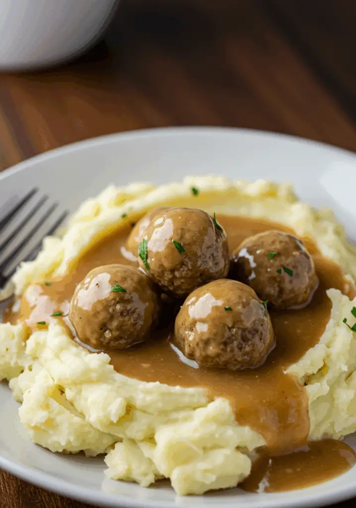 One Pot Mashed Potatoes with Meatballs & Gravy