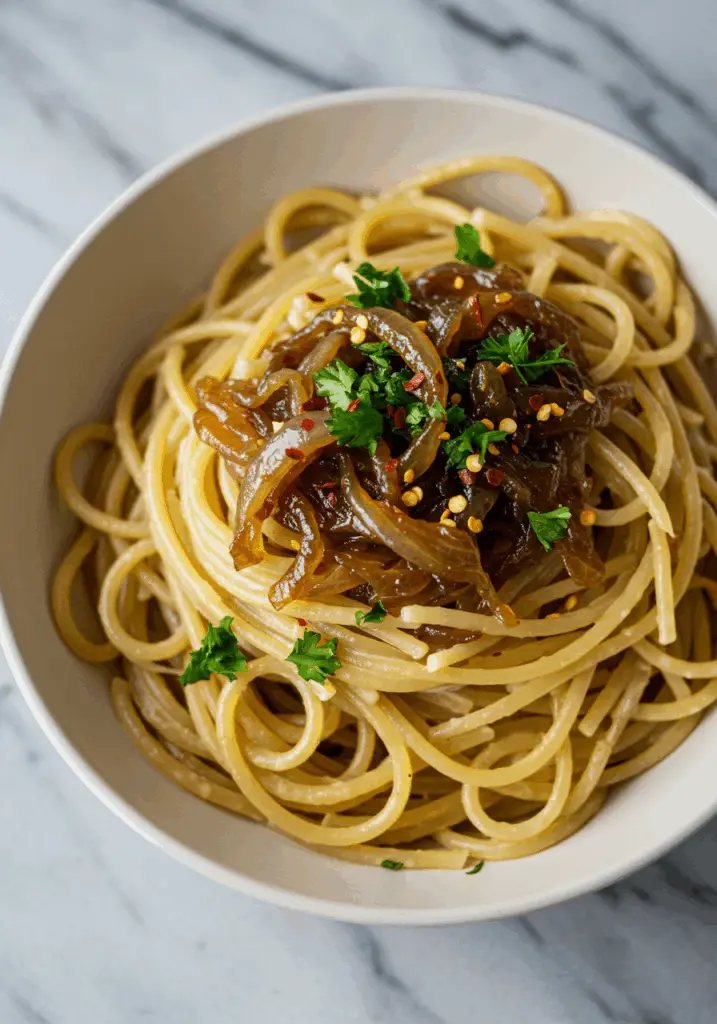 Caramelized Onion Pasta with Chilli Oil