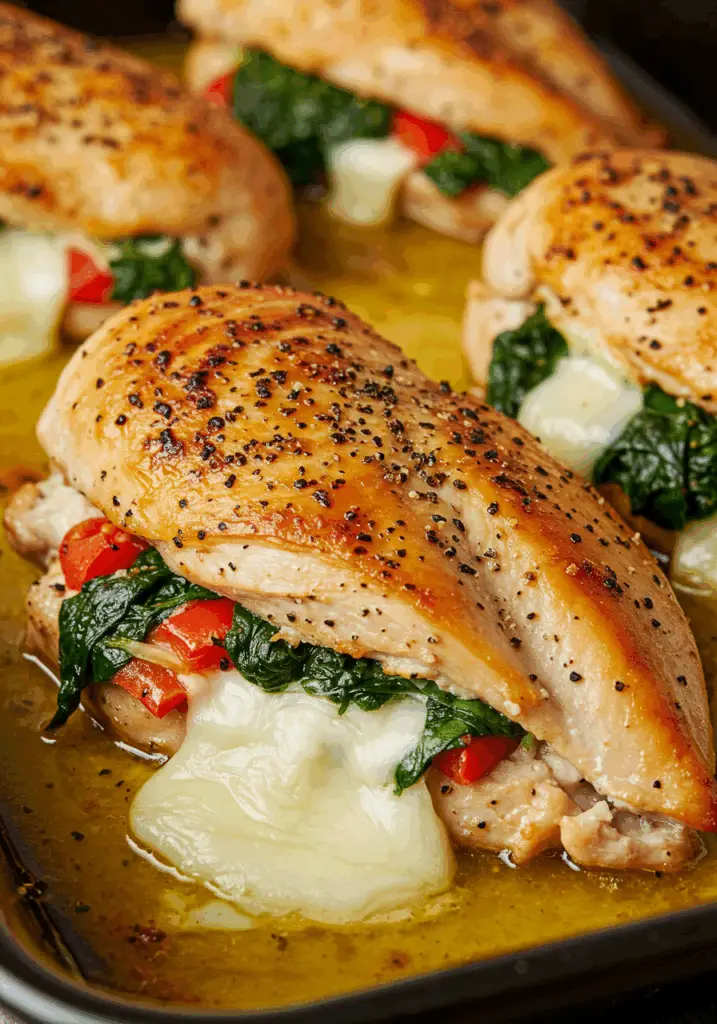 Roasted Red Pepper Spinach and Mozzarella Stuffed Chicken