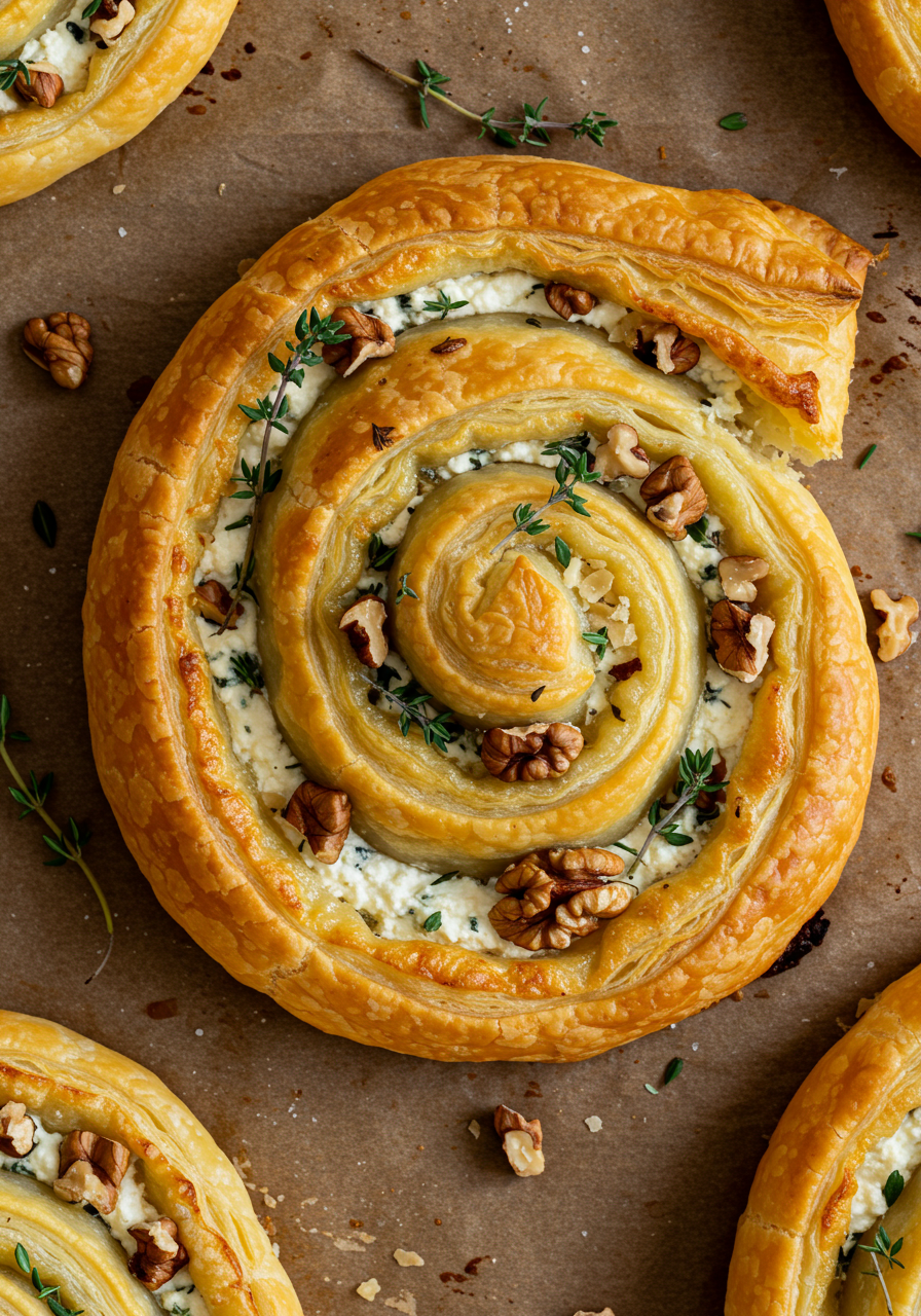 Blue Cheese Walnut Thyme Puff Pastry Twirl