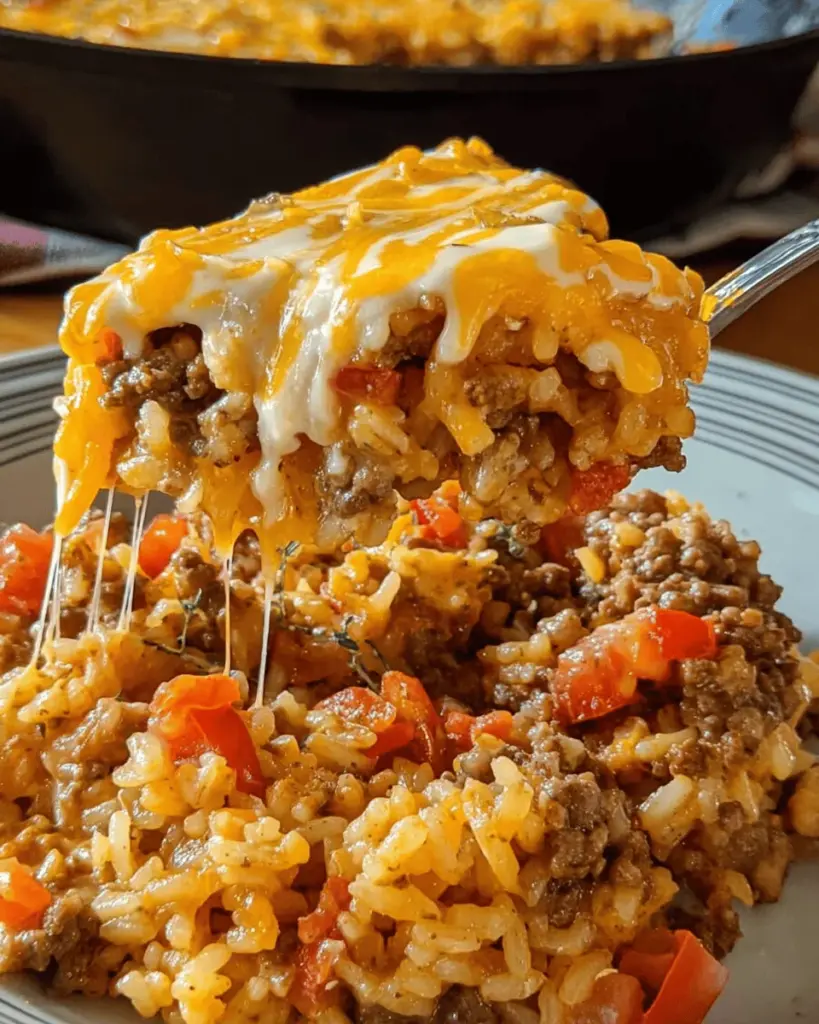 Cheesy Queso Ground Beef and Rice
