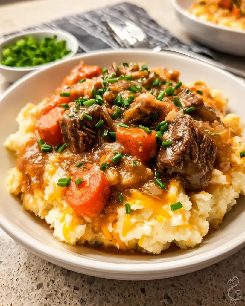 Fall Apple Cider Stew over Mashed Potatoes