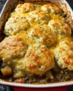 Easy Ground Beef Pot Pie Casserole with Cheddar Bay Biscuit Topping