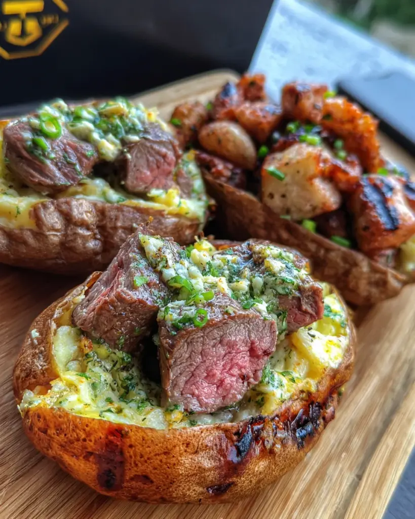 Grilled Steak Bite Loaded Baked Potatoes with Garlic Herb Butter