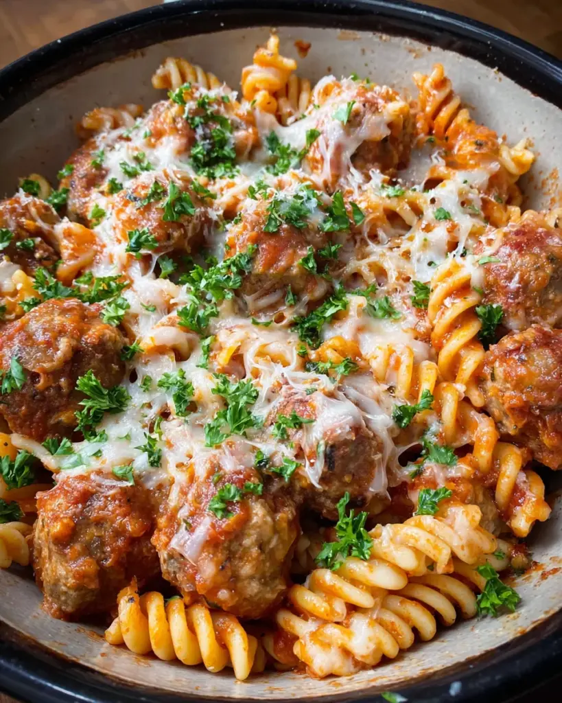 Cheesy Crockpot Meatball Pasta