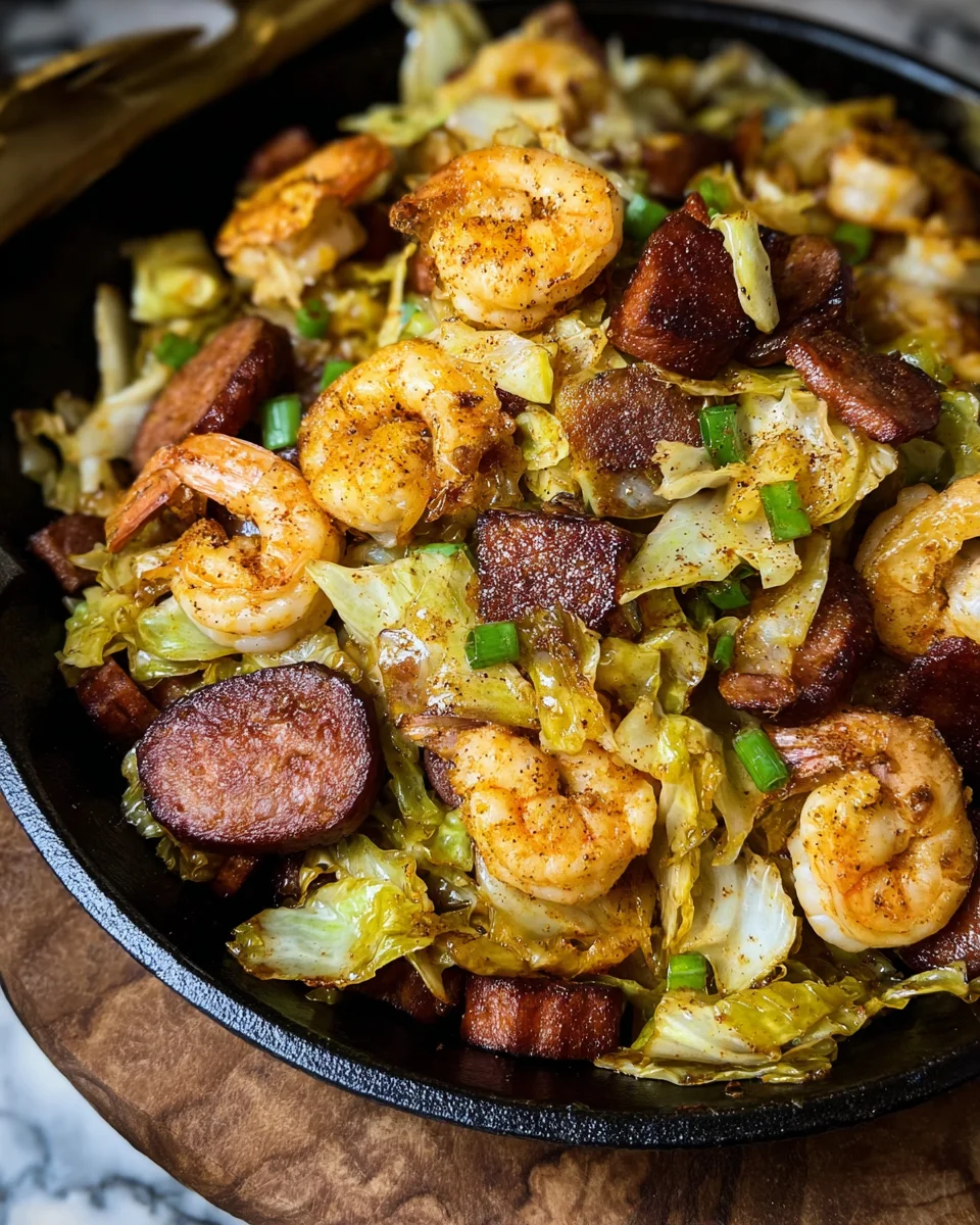 Fried Cabbage with Shrimp, beef sausage, and turkey bacon image 2