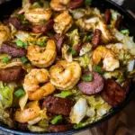 Fried Cabbage with Shrimp, beef sausage, and turkey bacon