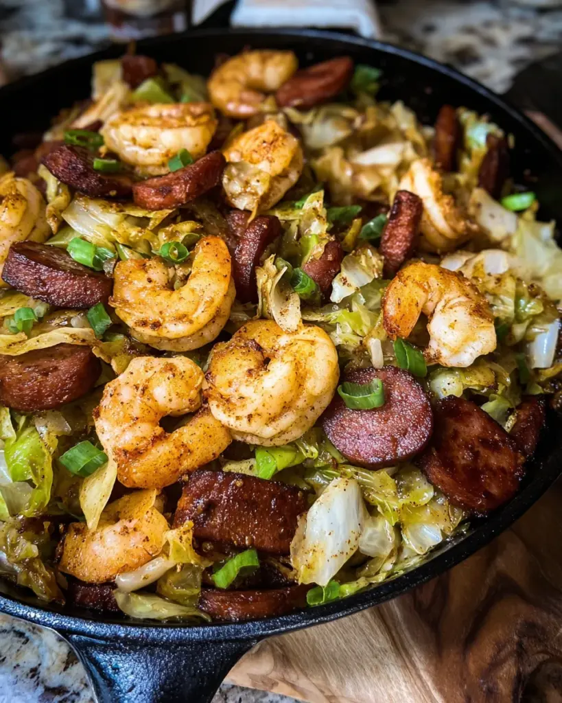 Fried Cabbage with Shrimp, beef sausage, and turkey bacon