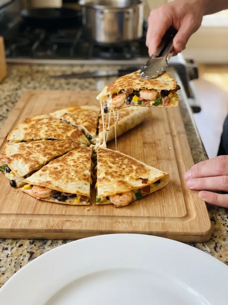 Spicy Shrimp Quesadillas with Black Beans and Corn